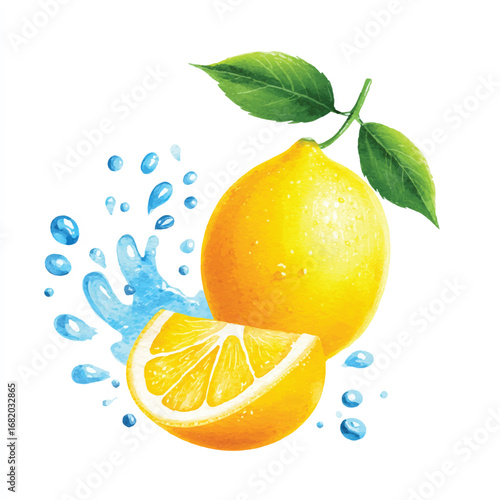 Vibrant Watercolor Lemon with Splashing Water