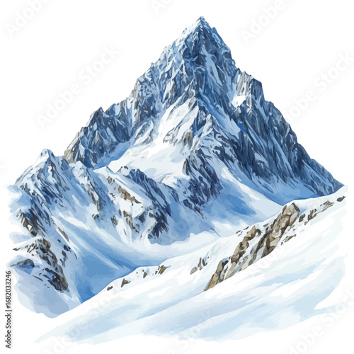 Snow-covered Mountain, watercolor illustration vector, isolated on a white background.