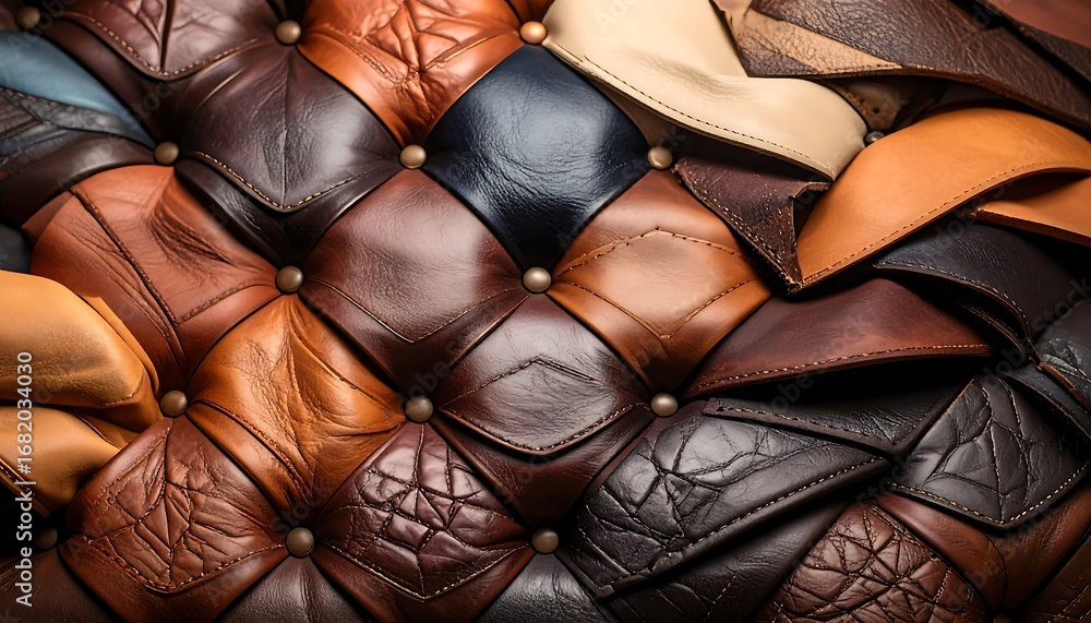 Obraz premium A close-up view of a quilted leather surface, showcasing a variety of rich browns, tans, and deep blacks, with a tufted design.