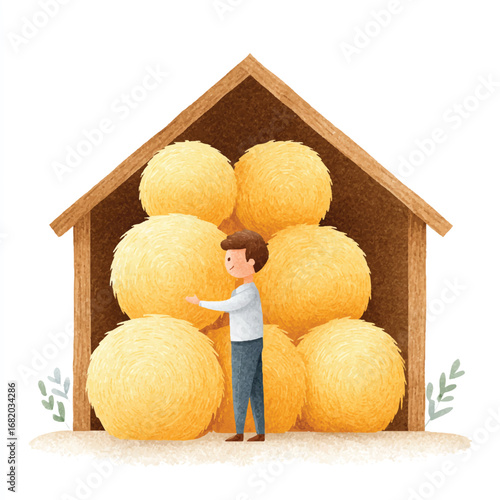 Smiling Man in Barn with Stacked Hay Bales Watercolor Illustration