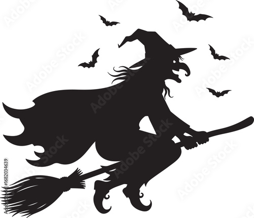 Spooky Halloween Witch Silhouette Flying with Bats on a Broomstick