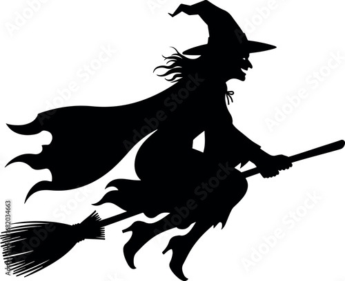Spooky Halloween Witch Silhouette Flying on a Broomstick