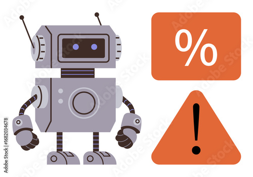 Friendly robot standing beside an orange alert triangle and percentage block. Ideal for technology, automation, data monitoring, risk management, artificial intelligence, tech warnings, simple flat