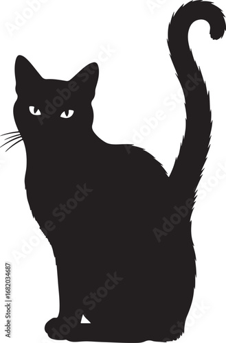Sleek Black Cat Silhouette with Piercing Eyes and Curled Tail