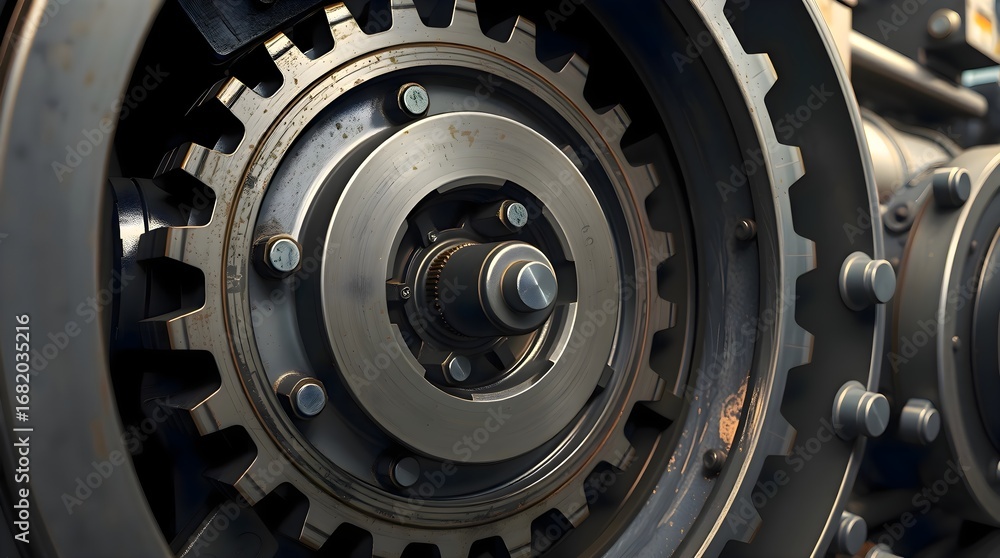 Fototapeta premium Close up detailed view of machine gears and wheels showing precision engineering, technology, and industrial mechanics representing production, mechanical power, and factory equipment