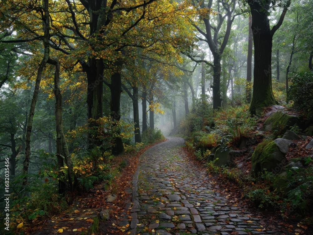 Naklejka premium Autumnal Path Through a Misty Forest A Serene Nature Scene