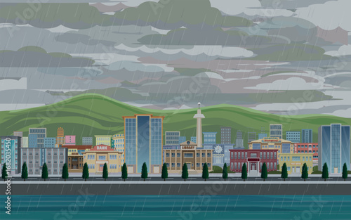 It's raining in the port city where clouds cover the sky