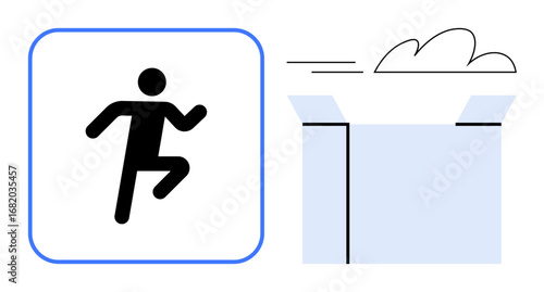 Person in motion stepping out of a box with clouds and lines symbolizing freedom, growth, and innovation. Ideal for progress, motivation, change, adaptability, problem-solving, brainstorming simple