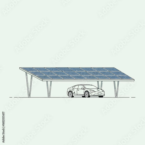 Car parked under a solar panel canopy on a light background.