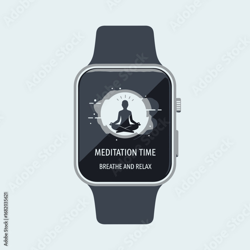 Smartwatch displaying meditation app with person in lotus pose.