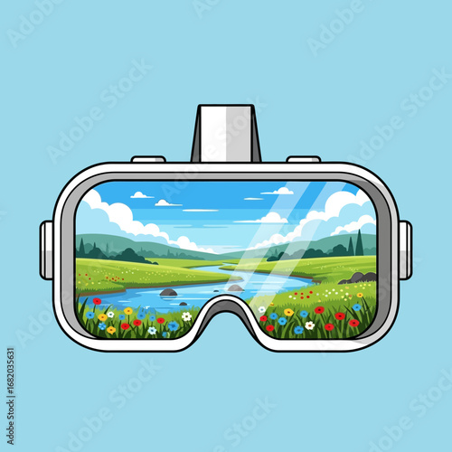 Virtual reality headset displays a serene natural landscape with water and sky.