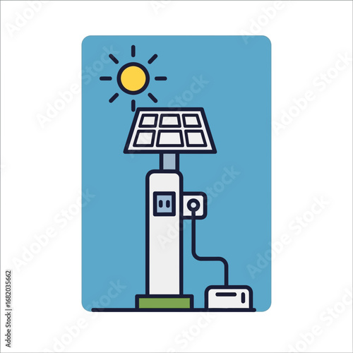 Solar panel charging station with sun and power outlet.