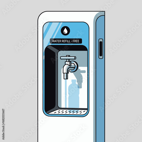 White and blue water cooler with a faucet and dispenser.