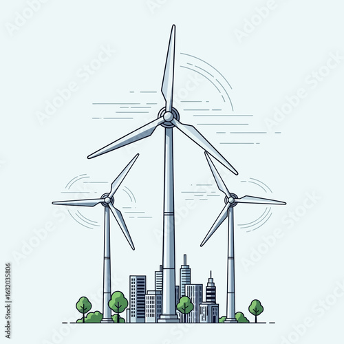 Wind turbines generating clean energy above a city skyline.