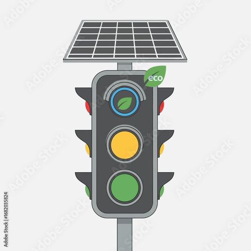 Solar powered traffic light with green leaf symbol.