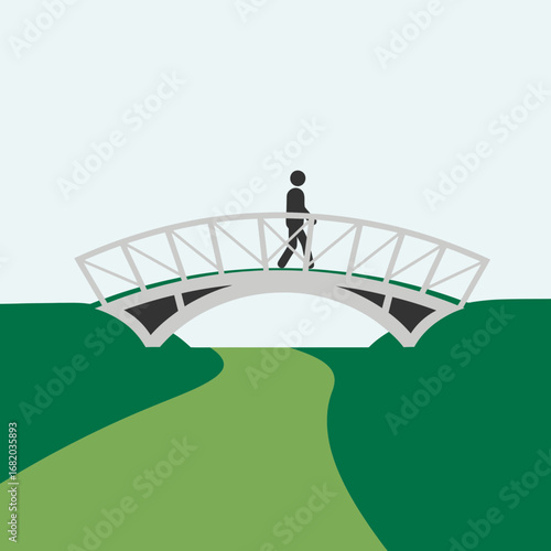 Person walks across a white arched bridge over a green path.