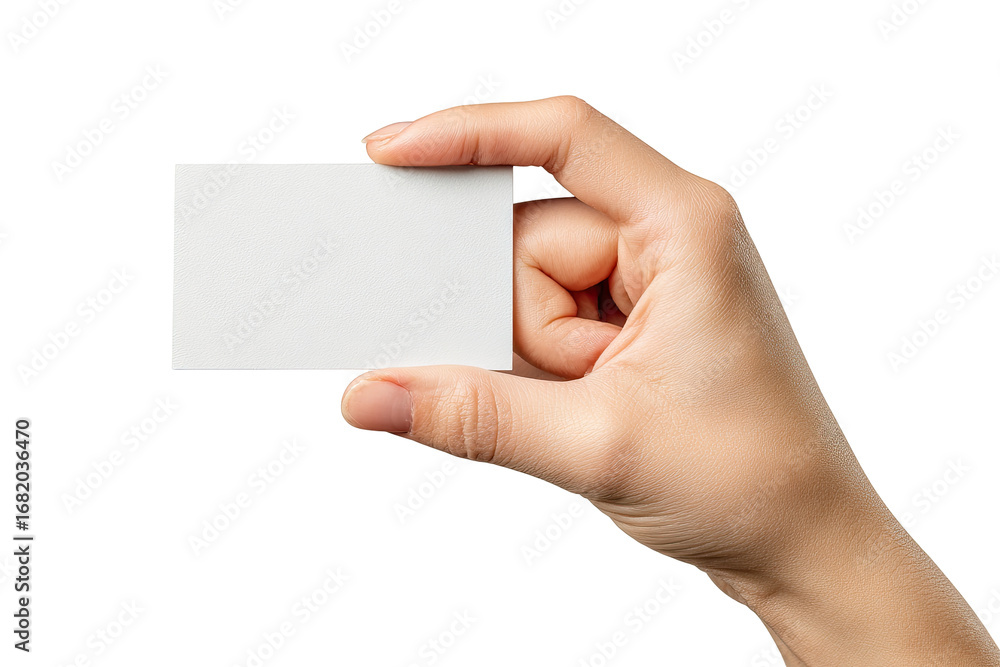 Obraz premium A hand holds a blank white business card against a black background (1)