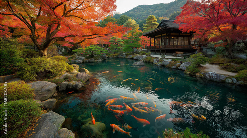 日本庭園の紅葉が赤や橙に輝き、石灯籠や岩と調和する美しい秋の風景イラスト、和の静けさと四季の豊かさを表現した幻想的な風景画、和風背景や紅葉シーズンの観光素材に最適