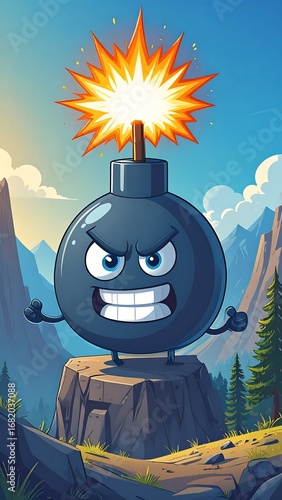 A menacing cartoon bomb, with a fiery fuse, stands atop a rocky outcrop, displaying an angry expression.