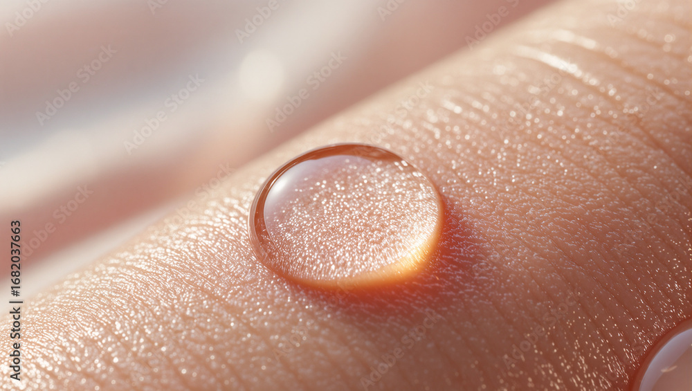 Fototapeta premium A macro close-up of a drop of a clear, glowing liquid on human skin. The image beautifully highlights hydration, skincare, wellness, and the effectiveness of a moisturizing or a cosmetic product.