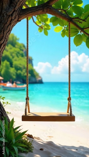 Wallpaper Mural A vibrant, sun-drenched rope swing hangs from a sturdy branch, idyllic summer scene Perfect for vacation, travel, and summer themes Relaxing, carefree feeling , beautiful, travel, golden Torontodigital.ca