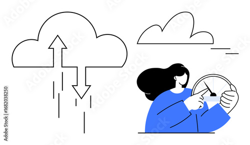 Cloud icon with arrows for data transfer and a person controlling a gauge. Ideal for cloud computing, data management, technology, speed, control, efficiency, digital transformation. Simple flat