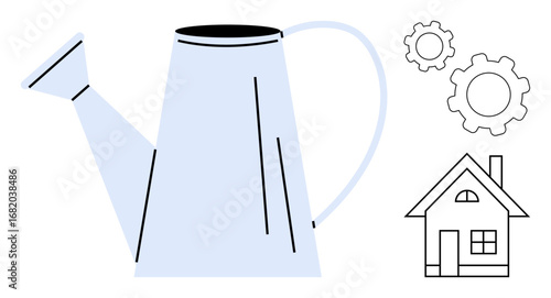 Watering can symbolizing growth, gears representing ideas and functionality, and a house outline suggesting home. Ideal for self-growth, innovation, productivity, home improvement, sustainability