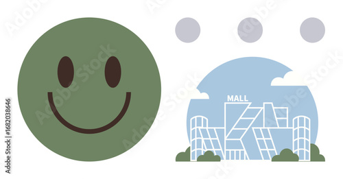 Green smiling face alongside stylized modern shopping mall structure under partial clouds. Ideal for happiness, retail, positivity, urban design, commerce, public spaces, emotional connections