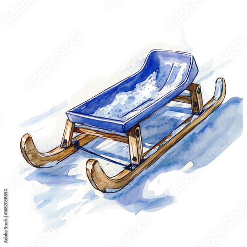 Sled On Snowy Hill, watercolor illustration vector, isolated on a white background.