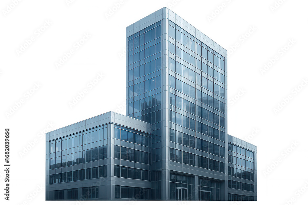 Obraz premium Modern glass office building reflecting city skyline, isolated on transparent background, perfect for architectural visualization and urban design projects