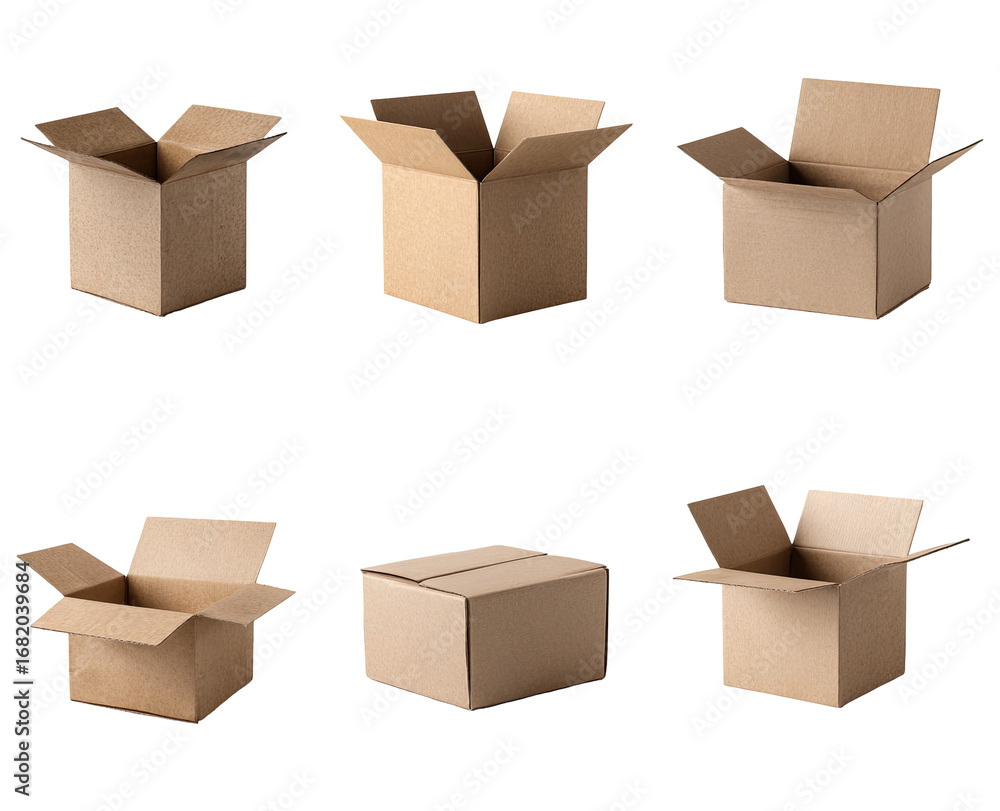 Fototapeta premium Six open cardboard boxes arranged in a two-row grid. The boxes are light brown and show varying degrees of openness