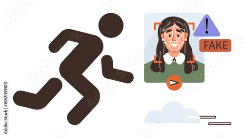 Silhouette figure running away from a fake AI facial detection alert featuring a warning sign and triangle. Ideal for technology ethics, digital safety, AI risks, facial recognition, identity theft