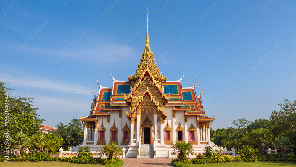 Naklejka premium A majestic Thai temple with a gilded, multi-tiered roof stands against a clear blue sky. The white building is surrounded by green lawns and palm trees.