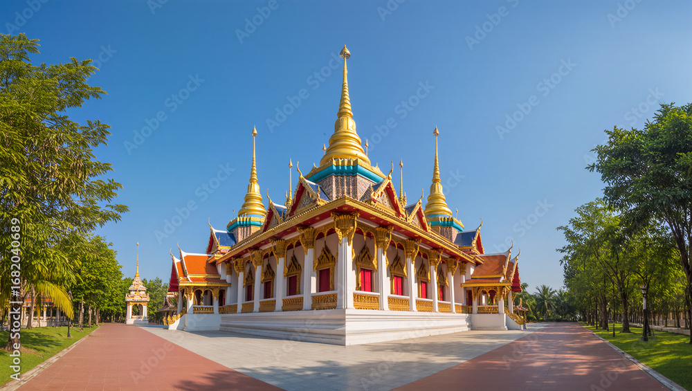 Naklejka premium A wide-angle view of an ornate, traditional Thai temple with a gleaming golden roof and white walls.