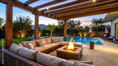 Outdoor patio area with pool and fire pit