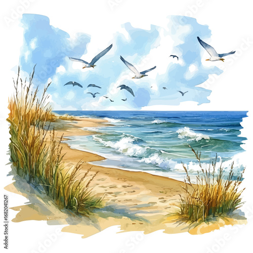 watercolor of Sandy Shore, vector, isolated on a white background.
