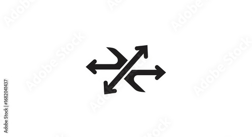 Black icon representing multiple directional arrows or a data flow symbol on an isolated transparent background, connectivity concept