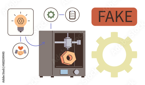 3D printer producing fake product, illustrated with process icons. Fake stamp highlights unethical production. Ideal for innovation, technology ethics, fraud, manufacturing, intellectual property