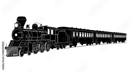Black silhouette illustration of a classic steam train with passenger carriages on an isolated transparent background, vintage transport