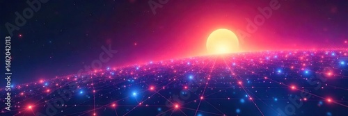 Abstract network nodes connecting across a vibrant, stylized horizon, symbolizing global interconnectedness and expansive reach of a futuristic communication system , abstract, technology, data