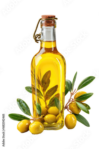 Clear glass bottle of golden oil with olives and leaves