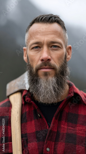 Rugged outdoorsman with axe and mountain background for adventure theme