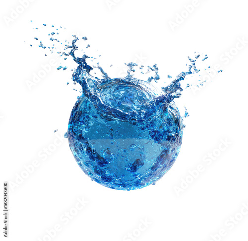 A sphere of vibrant blue liquid exploding in a dynamic splash.  Water droplets are projected outward from a central orb.  The image is rendered in high detail.
