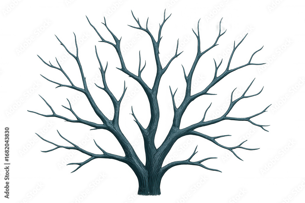 Fototapeta premium Minimalist digital rendering showing bare tree branches stretching skyward, creating stark silhouette against transparent background