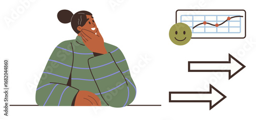 Person resting on table with thoughtful expression, analyzing a graph showing upward trends, happy face, and directional arrows suggesting growth. Ideal for success, strategy, motivation, planning