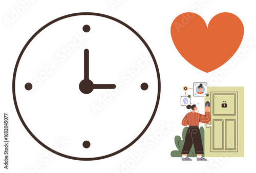 Clock indicating time, orange heart symbolizing care, woman unlocking door surrounded by photos. Ideal for scheduling, connections, security, self-care, routines organization time balance. Flat