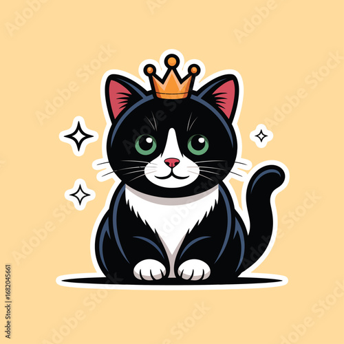 Ideal for web design, childrens books, and greeting cards. Charming cat illustration with crown adds a royal touch to projects.