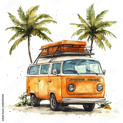 Road Trip Summer Vibes, watercolor painting vector, isolated on a white background.