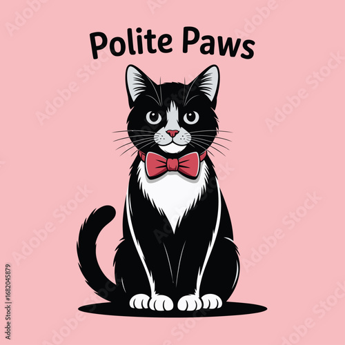 Black and white cat in a bow tie, perfect for pet products, greeting cards, social media posts, and childrens merchandise.