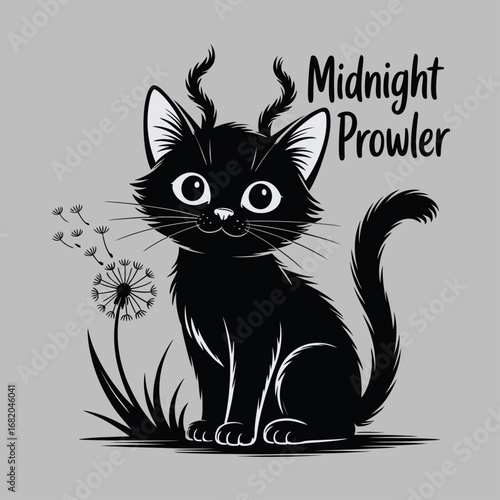 Black cat midnight prowler close to dandelion. Suitable for halloween, pet, mystical, spookythemed designs, cat lovers, natural beauty concepts.